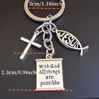 KC239 Porte-clés en alliage simple, géométrique et ajouré, avec pendentifs poisson, croix et bible, inspirant en anglais, style européen et américain, meilleure vente