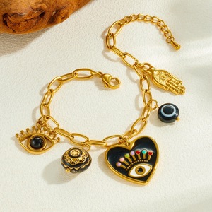 Heart-Shaped Eye Pendant Jewelry <b>Set</b> Gold Black Zinc Alloy Women's Party Fashion Necklace <b>Bracelet</b> Two-Piece <b>Set</b> - Product Image 3