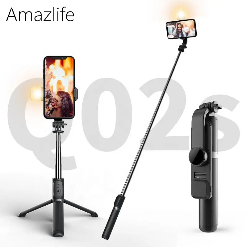 Q02s Flexible Wireless Remote selfiestick Monopod Selfie Stick Tripod with LED Fill Light