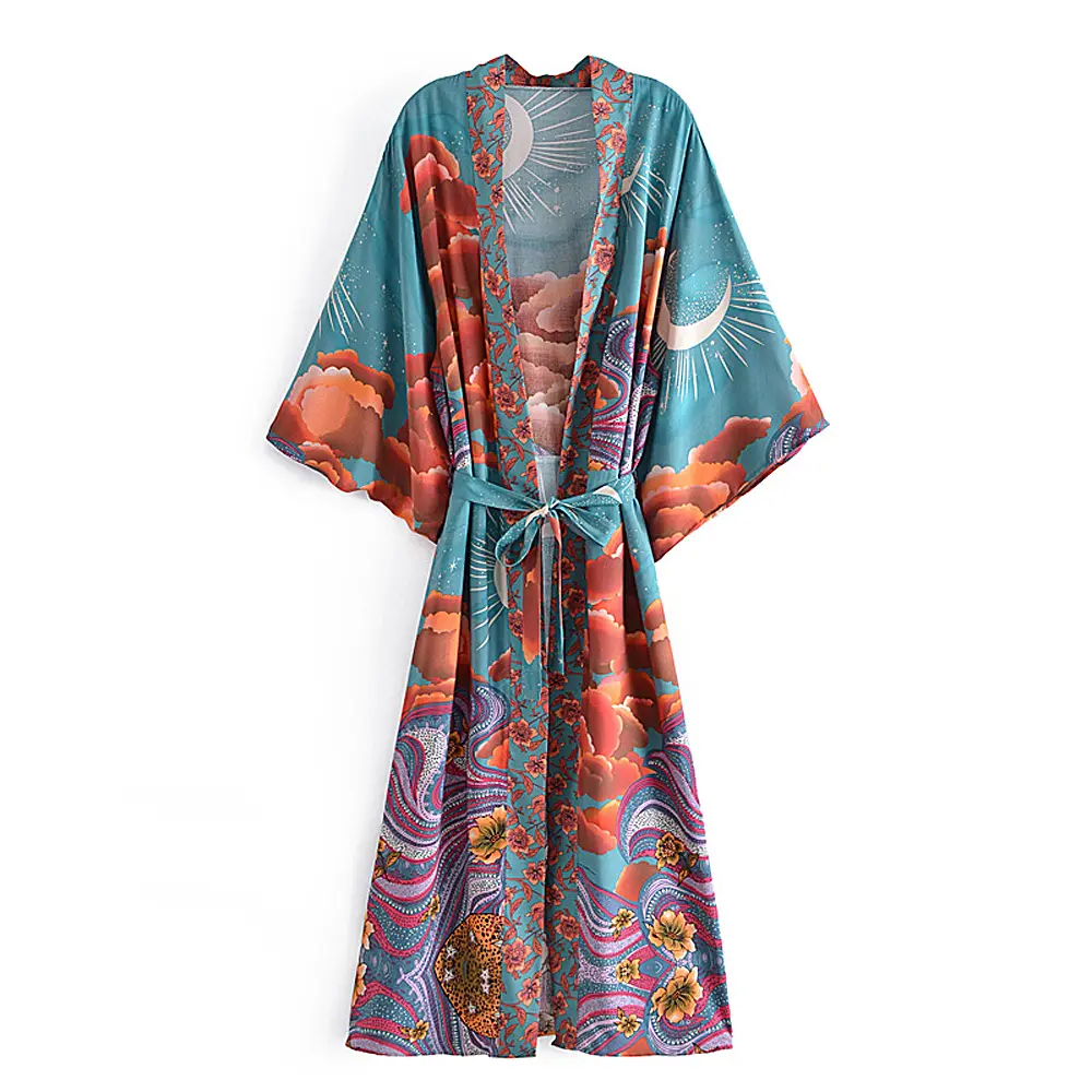 Vintage design moon print flare sleeve kimono ladies fashion bohemian rayon cardigan dress