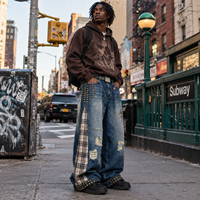 Jeans Baggy Homme Personnalisés B2B 14OZ en Denim Lourd Effet Vieilli avec Patchwork à Carreaux et Rivets Style Streetwear – Vente en Gros OEM ODM Marque Privée