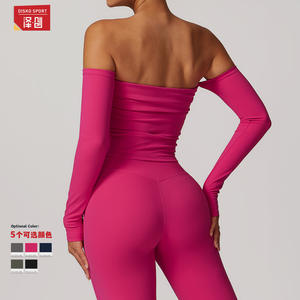 Haut de yoga à manches longues et épaules dénudées pour femme Dcx8842, couleur unie vert forêt, vêtements de fitness, haut de sport - Product Image 3