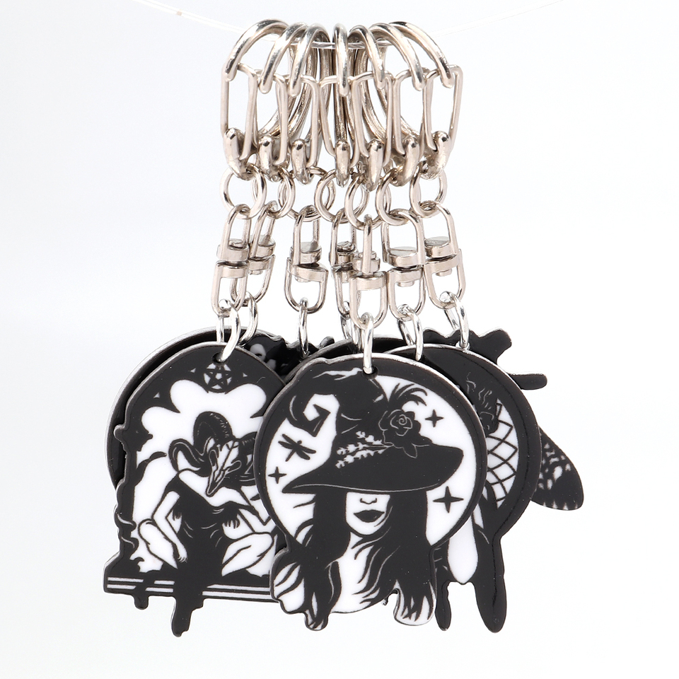 2025 Hot Selling Gothic Style Black And White Fashion Geometric Charm Pendant Mysterious Witch Acrylic Key Ring