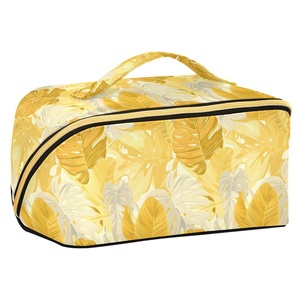 Trousse de Toilette de Voyage pour Femme avec Logo Personnalisé, Motif Feuilles Dorées, Faible MOQ, Sac Cosmétique Jaune avec Compartiments - Product Image 1