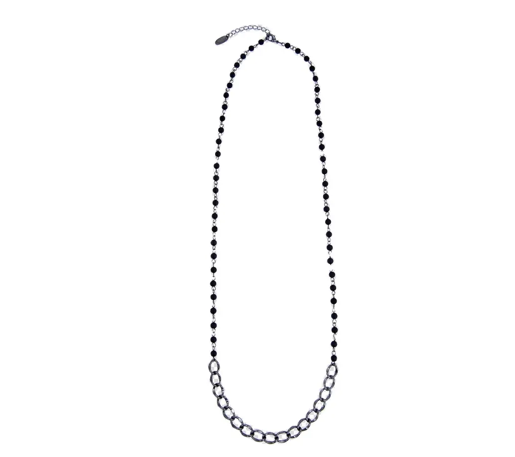 Ladies Simple Style Long Necklace Metal Chain Black Bead Necklace