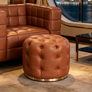 Round Tufted Leather Ottoman Stool Luxury <strong>Chesterfield</strong> <strong>Footstool</strong> with Gold Metal Base Living Room Decor Accent Pouf Stool - Product Image 2
