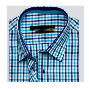 蓝色和黑色正式棉格子衬衫定制私人标签，市场价格合理