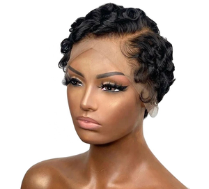 ราคาถูก1B # <span class=keywords><strong>สี</strong></span>มหาสมุทรคลื่นเนื้อมนุษย์ผม L ส่<span class=keywords><strong>ว</strong></span>นวิกผมสั้นสำหรับผู้หญิงสีดำ - Product Image 1