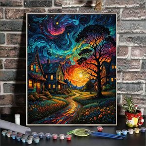 Dipinto a Olio su Tela Ispirato a <span class=keywords><strong>Van</strong></span> <span class=keywords><strong>Gogh</strong></span>, Città Rurale con Cielo Stellato, Paesaggio con Fiori Selvatici Colorati, Pittura a Numeri Fai-<span class=keywords><strong>da</strong></span>-Te <span class=keywords><strong>di</strong></span> Songwoo - Product Image 3
