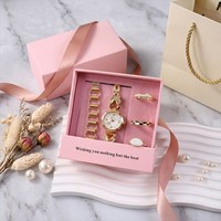 Set Perhiasan Jam Tangan Wanita Modis dengan Kotak, Jam Tangan Quartz Berlian untuk Wanita, Hadiah untuk Wanita