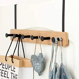 High Quality Black Metal Bamboo Over The Door Hooks Coat Towel Rack Hanger with 5 hooks