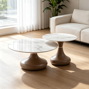 Ensemble de tables basses gigognes élégantes marron à base de bulbe, plateau en marbre, style luxe léger, pour salon et hôtel, table d'appoint et de centre - Product Image 2