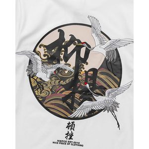 FOXA Men's Flying <b>Cranes</b> Embroidered T-Shirt Short Sleeve 100% Cotton Graphic Streetwear Machine Wash - Product Image 3