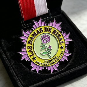 Vente directe d'usine couleur métal noir personnalisé <span class=keywords><strong>EUROPE</strong></span> Suisse Rose Médaille avec ruban rouge et blanc - Product Image 4