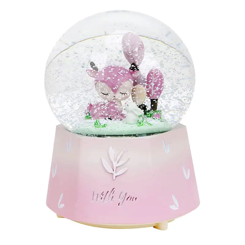 Home Weihnachts dekor Spieluhr Harz Batterie betriebene Hirsche Falling Snow Crystal Ball Poly resin Spieluhr