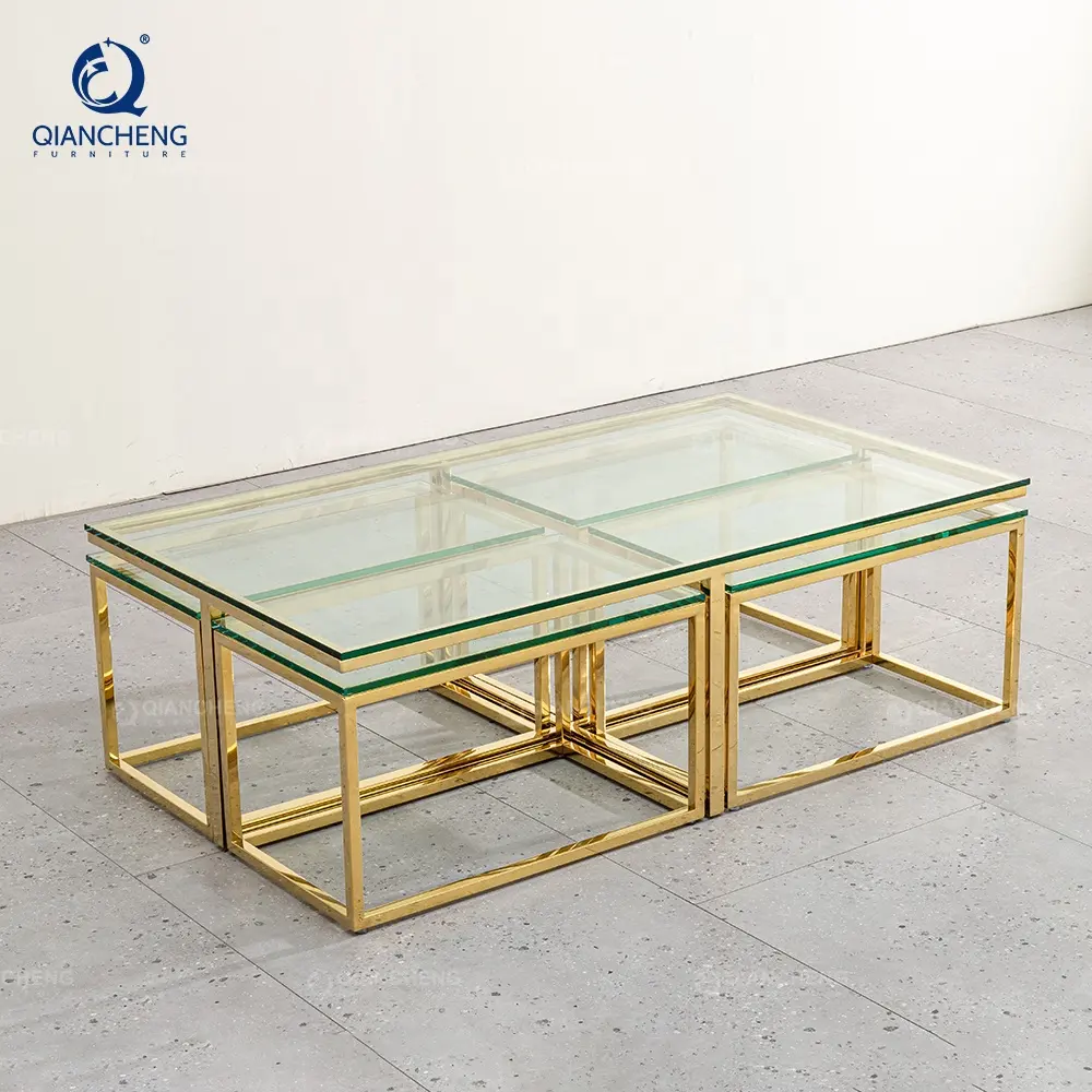 QIANCHENG mesa de centro de cristal de sala lüks 5 parça cam altın mobilya oturma odası accent kahve yuvalama masaları seti