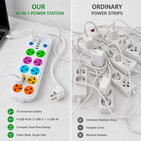 Multiprise universelle 2500W à 10 prises avec 1 port Type-C, 3 ports USB à charge rapide, double interrupteur, fiche UE à 90 degrés pour la maison et le bureau