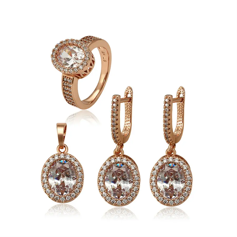65795 Xuping Jewelry Luxury Fine Rose Gold Wedding Accessories Eco Copper Earrings Pendant Ring 3 Piece Set