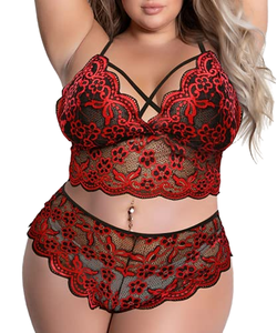 Sous-vêtements sexy pour femmes, dentelle brodée, col en V, body érotique, grande taille, lingerie pour femmes rondes, 85% Spandex - Product Image 1