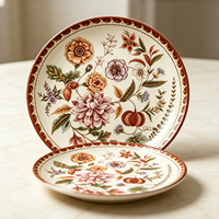 Ensemble de vaisselle en céramique à motif de fruits, 4 pièces, avec bordure rouge-brun, compatible micro-ondes et réutilisable, décoration de table pour la maison