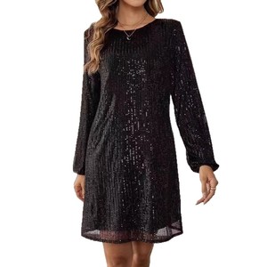 Vestido Midi de Lentejuelas con Cuello Redondo para Mujer, Vestido de Noche de Manga Larga, Estilo Simple y Cómodo, Cintura Natural - Product Image 5
