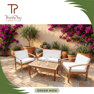 Contemporary Outdoor Wood <b>Sofa</b> Set with White Cushions for Garden Patio Furniture - Product Image 3