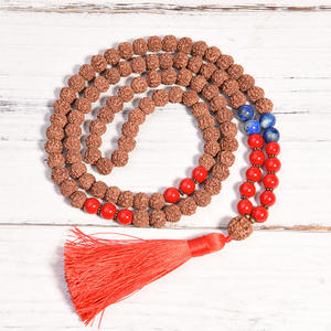 Colliers Mala Rudraksha à pampilles nouées à la main, 108, soulagement de l'anxiété, respiration, méditation, collier de perles en bois, vente en gros - Product Image 2