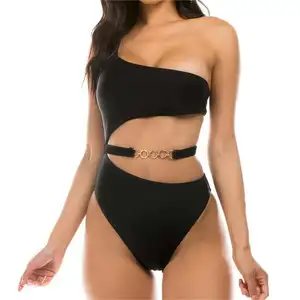 One Shoulder One Piece Swimsuit Strapping One Pieces Solid Sexy Cut Out Swimwear With Waist Metal Chain Beachwear for Women 2024