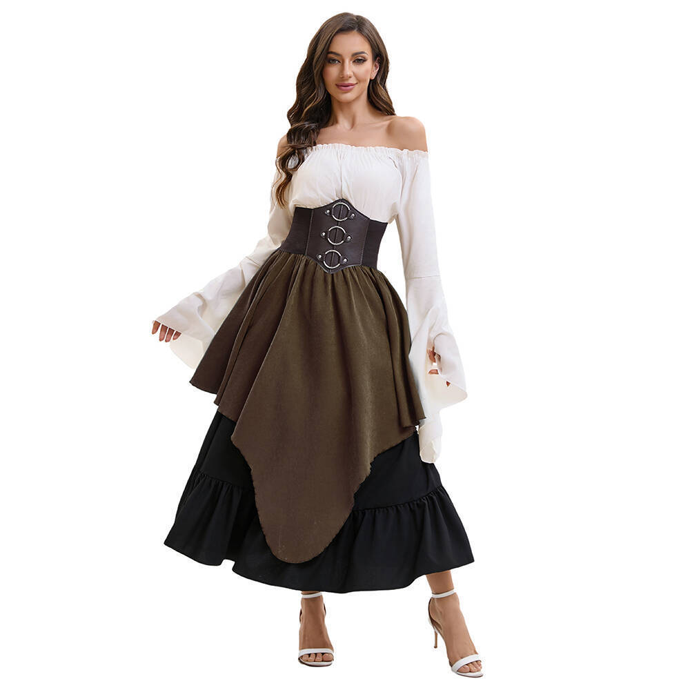 Top blanco con cintura ceñida y falda midi marrón