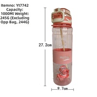 Grande capacité 1000ml Portable étanche avec paille bec de canard et couvercle bouteille d'eau en plastique pour Fitness vélo équitation extérieur