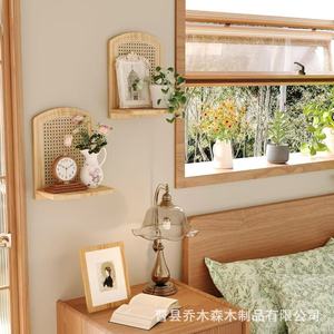 Wooden <b>Wall</b> Mounted Shelf Rattan Woven Kitchen Storage Rack Rectangle Single Layer For Bedroom And Living Room <b>Display</b> - Product Image 2