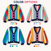Cardigan en crochet personnalisé pour femme, motif arc-en-ciel, boutons sur le devant, manches longues bouffantes, manteau en tricot pour un style décontracté au quotidien