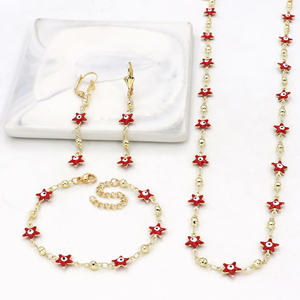 Parure de bijoux trois pièces plaqué or 14 carats avec zircon, motifs gouttes d'huile, yeux bleus et rouges, et cœur, pour femme - Product Image 5