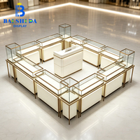 Kiosque à bijoux moderne pour centre commercial, ensemble complet, éclairage LED, cadre en métal doré champagne, comptoir de présentation en verre, écologique, robuste