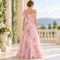 Robe longue en mousseline à imprimé floral pour femme, avec corsage froncé, manches volantées et col cœur, coupe trapèze, idéale pour les occasions spéciales.