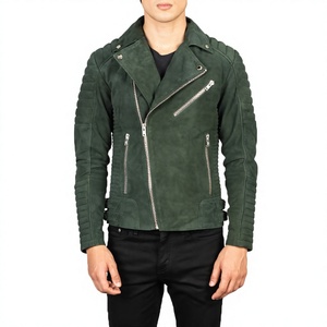 <b>Men's</b> Green <b>Suede</b> Moto <b>Jacket</b> Slim Fit Zipper Closure Turn-down Collar Regular Sleeve Autumn Wear - Product Image 1