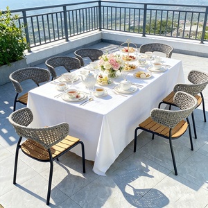 Set da Pranzo da Esterno in Stile Nordico, Tavolo Rettangolare in Legno di Teak, Sedie in Corda Intrecciata con Telaio in Alluminio per Giardino e Cortile - Product Image 2