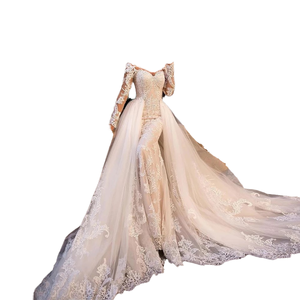 European American V-neck <b>Plus</b> <b>Size</b> Natural Ball Gown Modern Floor-Length Cathedral Train Sexy <b>Long</b> <b>Sleeved</b> Lace <b>Wedding</b> <b>Dress</b> - Product Image 4