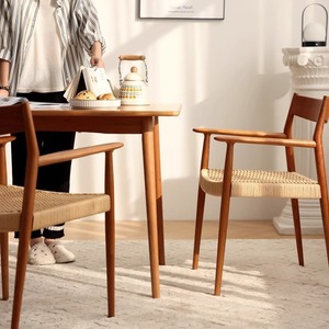 Sillón Nórdico de Madera Maciza de Roble y Cerezo con Asiento Tejido en Cuerda, Silla de Comedor de Estilo Japonés Minimalista para Adultos - Product Image 3