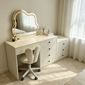 Coiffeuse moderne blanche avec miroir LED en forme de nuage, armoire de rangement et chaise pour chambre à coucher - Product Image 5