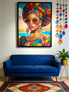 Vivace ritratto di moda africana su tela - Stampa tribale colorata con occhiali da sole dorati, decorazione da parete per soggiorno - Product Image 2