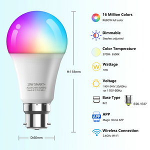 High Quality E27/E26/B22 RGB Full Color AC <strong>LED</strong> <strong>Bulb</strong> with Smart <strong>WiFi</strong> App <strong>Control</strong> Dimmable CRI 80 for Home Use - Product Image 6