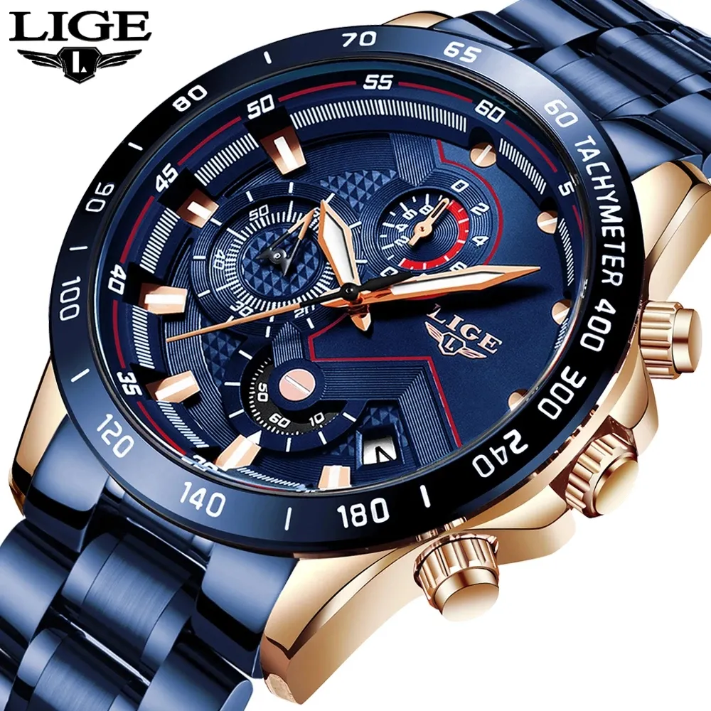 Lige 9982 Erkek Kol Saati Mode Heren Horloge Blauwe Steel Band Sport Chronograaf Quartz Horloges Mannen Pols Klok Reloj Hombre