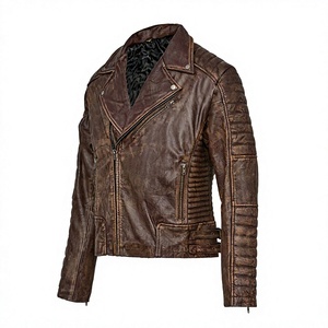 Veste en cuir véritable marron pour homme, coupe ajustée, col rabattu, fermeture éclair, doublure satinée, style hiver, respirante à l'avant - Product Image 1