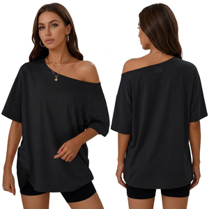Women <b>Black</b> Oversized Off Shoulder T Shirt Casual Loose <b>Batwing</b> Short Sleeve Summer <b>Top</b> - Product Image 1