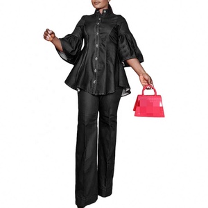 Trendy Design 2 Piece <strong>Denim</strong> Sets <strong>for</strong> <strong>Women</strong> High Collar Flare Sleeve <strong>Denim</strong> Top and Straight Leg Jeans Set <strong>for</strong> <strong>Women</strong> - Product Image 4