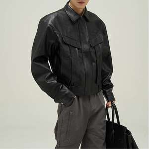 맞춤형 패션 스트리트 웨어 레트로 블랙 PU 가죽 자켓 남성용 루즈핏, 라펠 칼라 캐주얼 코트 재킷 제조업체 - Product Image 4