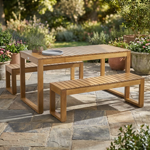 Solid Teak Wood Outdoor Dining Set Rectangular Patio <b>Table</b> with 2 Matching <b>Bench</b> Chairs - Product Image 2