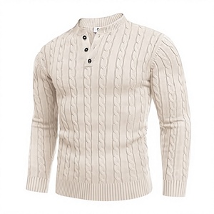 Men Winter Casual Knit Thick <b>Pullover</b> <b>Sweater</b> with Quarter Button Twisted Henley Neck 100% Polyester 12GG Gauge - Product Image 2