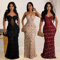 Robe de soirée sirène T0907 de luxe avec franges, corset, bretelles et sequins ondulés pour femme
